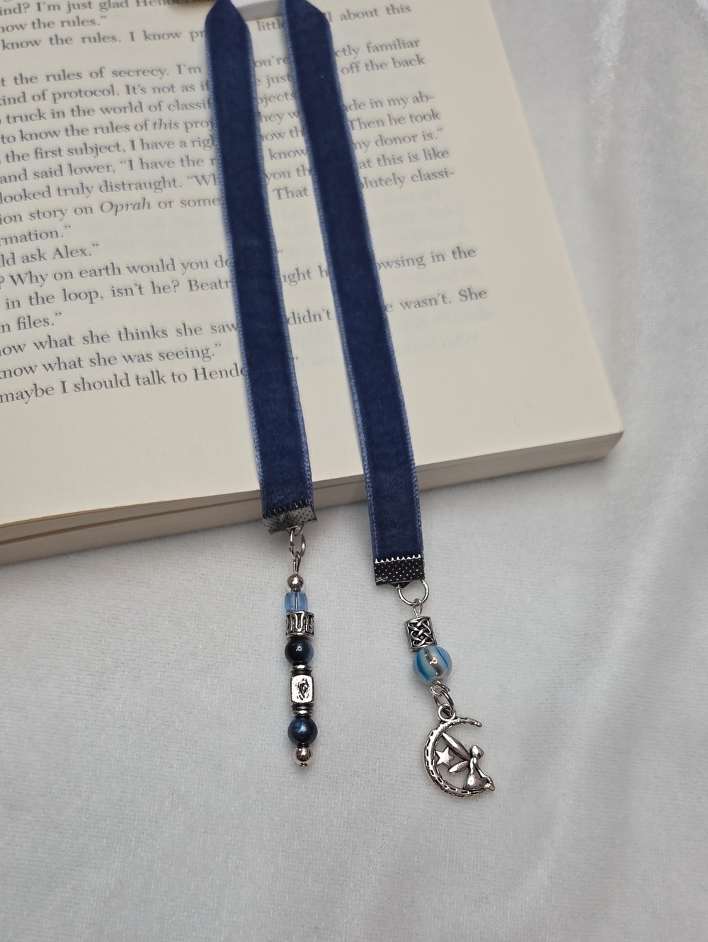 Handmade Dark Blue Velvet Ribbon Silver Blue Beaded Bookmark Fairy Moon Charm